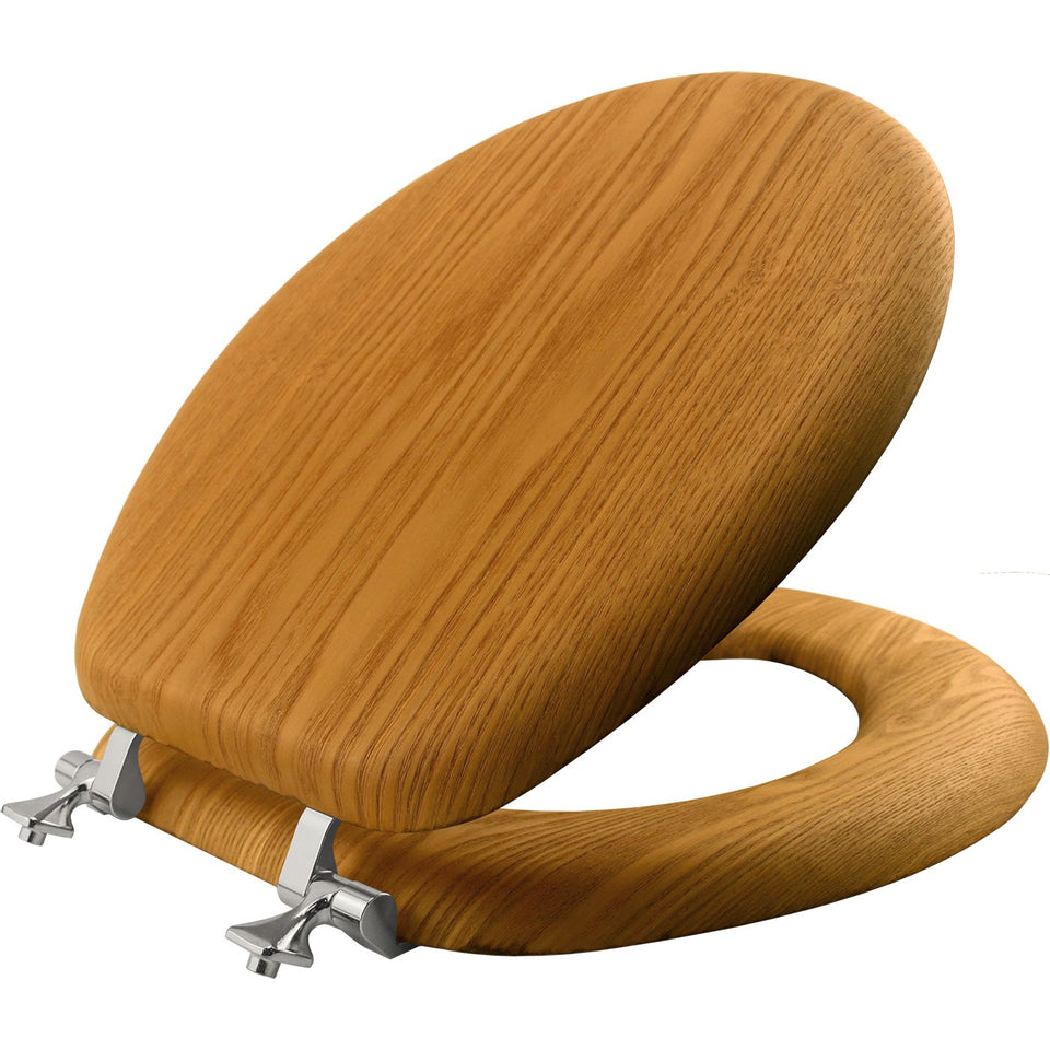 Bemis Mayfair warm oak veneer seat highlights natural texture for daily bathroom use.