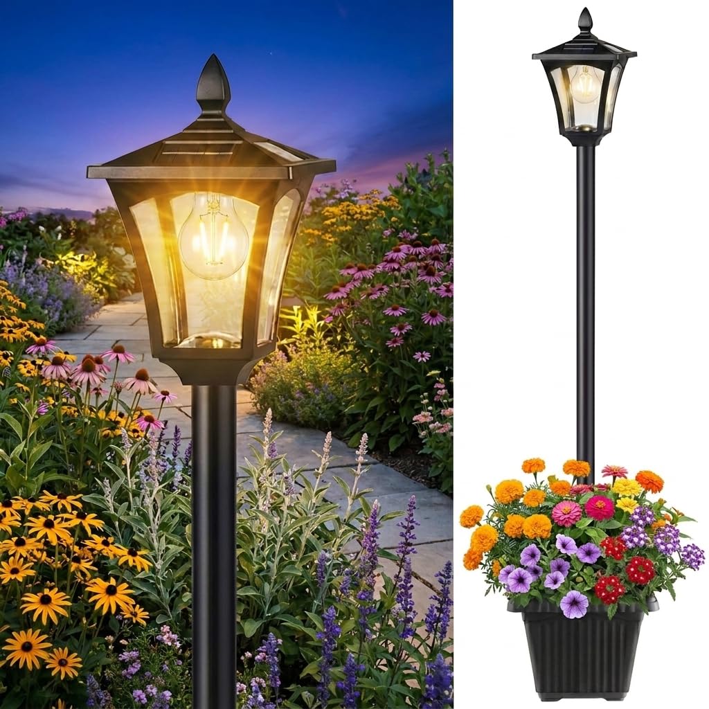 Benany 76-inch solar lamp post with planter base lights the driveway ambiance