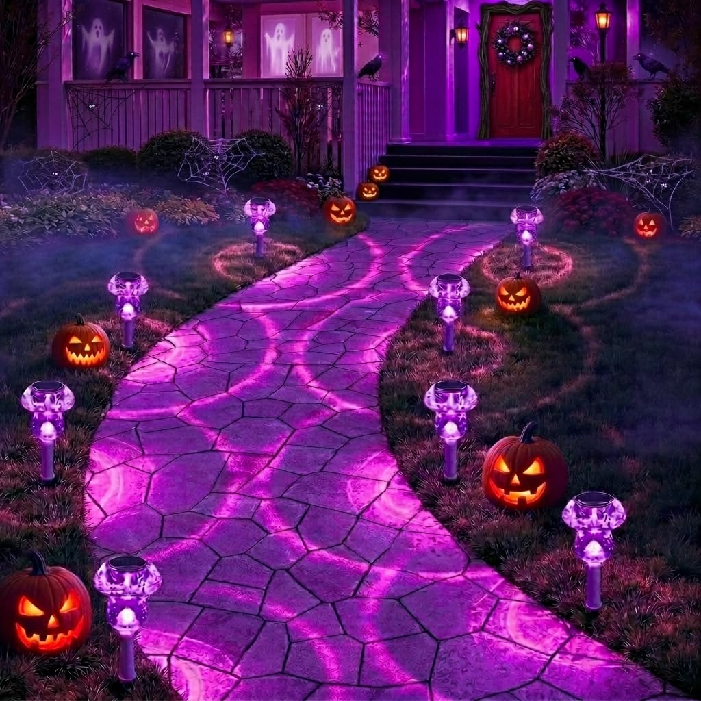Halloween-ready Benany mushroom lights add whimsical garden decor at dusk.