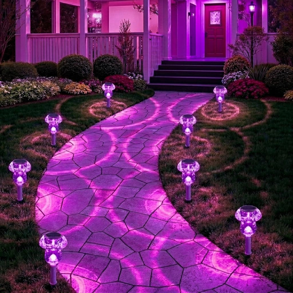Benany mushroom solar lights illuminate outdoor paths with a vivid purple glow.