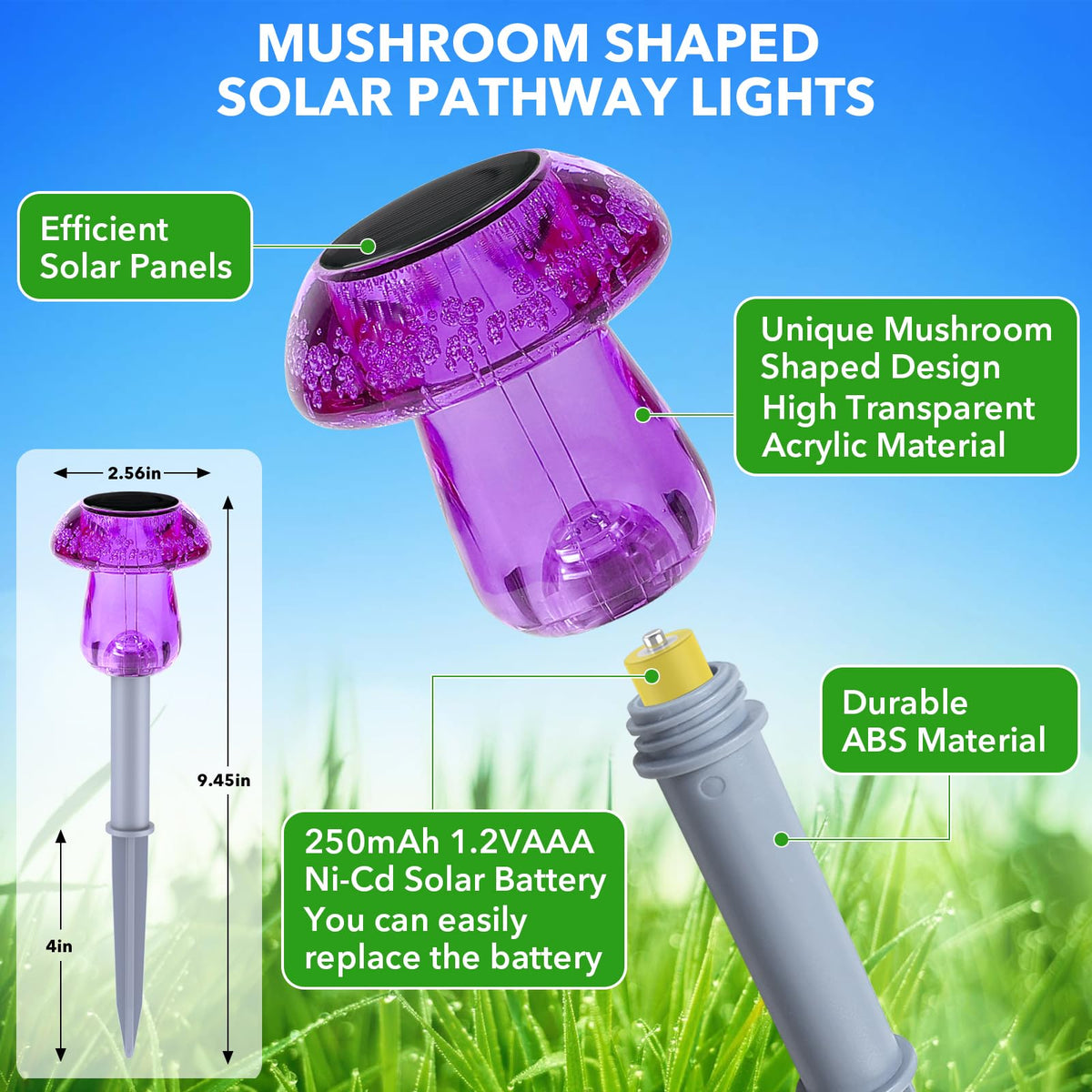 Benany purple mushroom lights guide walkways at night with decorative lighting.