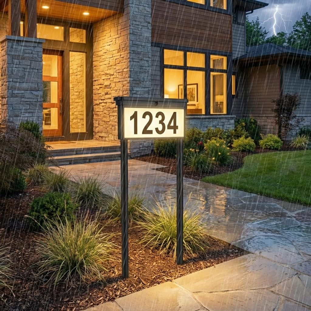 Benany solar address sign yard 2-in-1 mounting with stakes and mailbox-top setup.