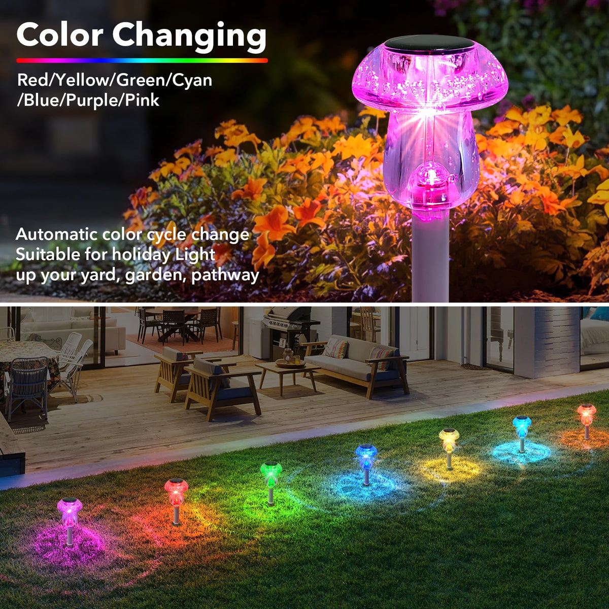 Benany solar mushroom light highlights landscape edges for after-dark navigation.