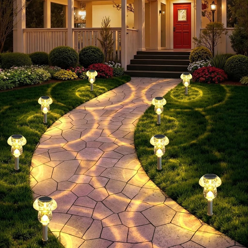 Benany mushroom solar light illuminates a garden path for safe night visibility