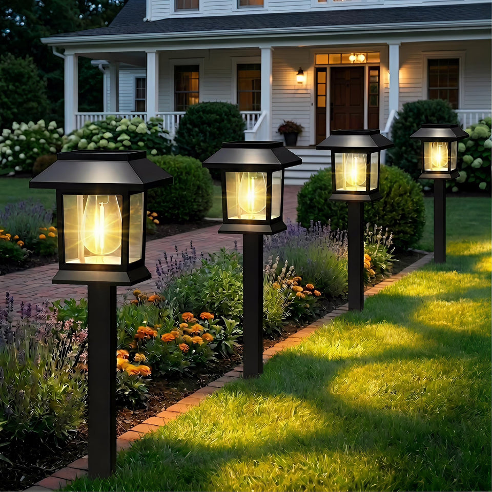 Benany solar pathway light brown front view with warm glow along a walkway