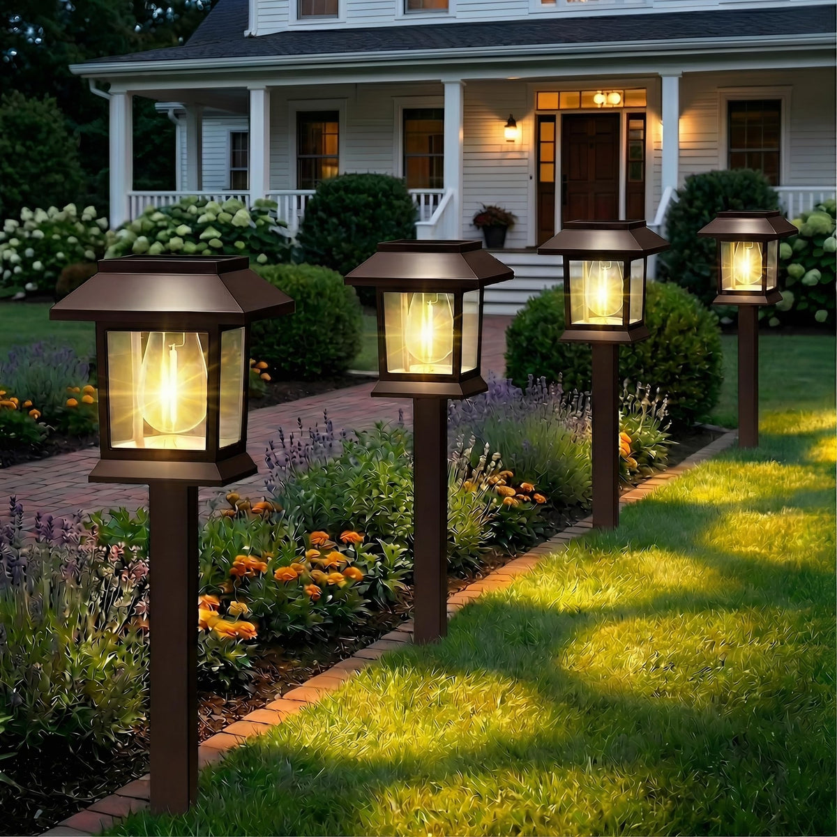 Benany solar-pathway light with square lampshade brightening garden path at dusk