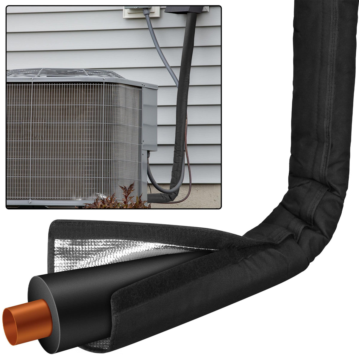 Benasan outdoor HVAC copper pipe insulation cover protects pipes from sun and rain.