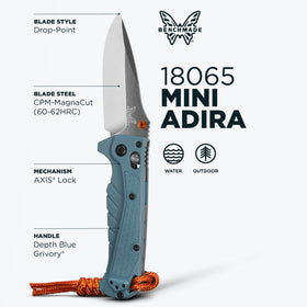 Benchmade Mini Adira Outdoor knife blade close-up showing precision drop-point steel