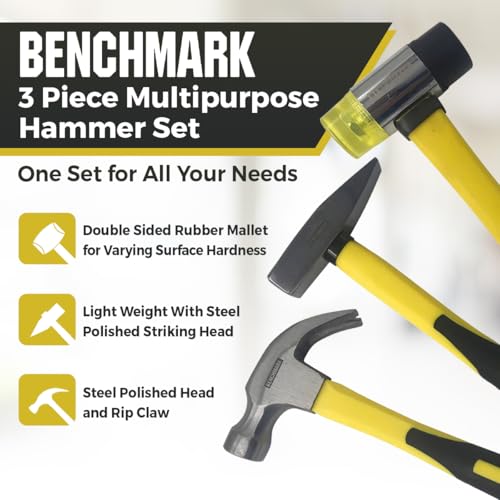 Benchmark 16-ounce claw hammer with durable fiberglass handle for confident nail driving.