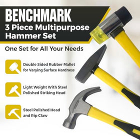 Benchmark 16-ounce claw hammer with durable fiberglass handle for confident nail driving.