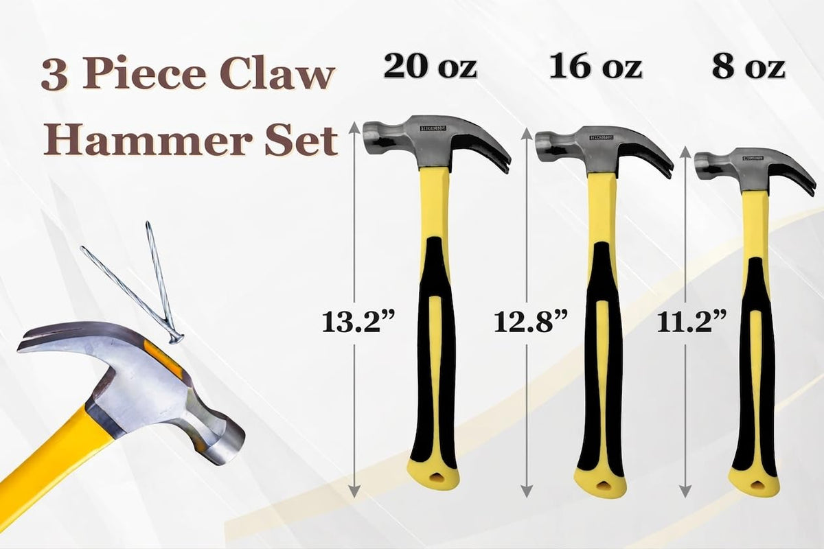 Benchmark 16 oz claw hammer with fiberglass handle for versatile carpentry tasks.