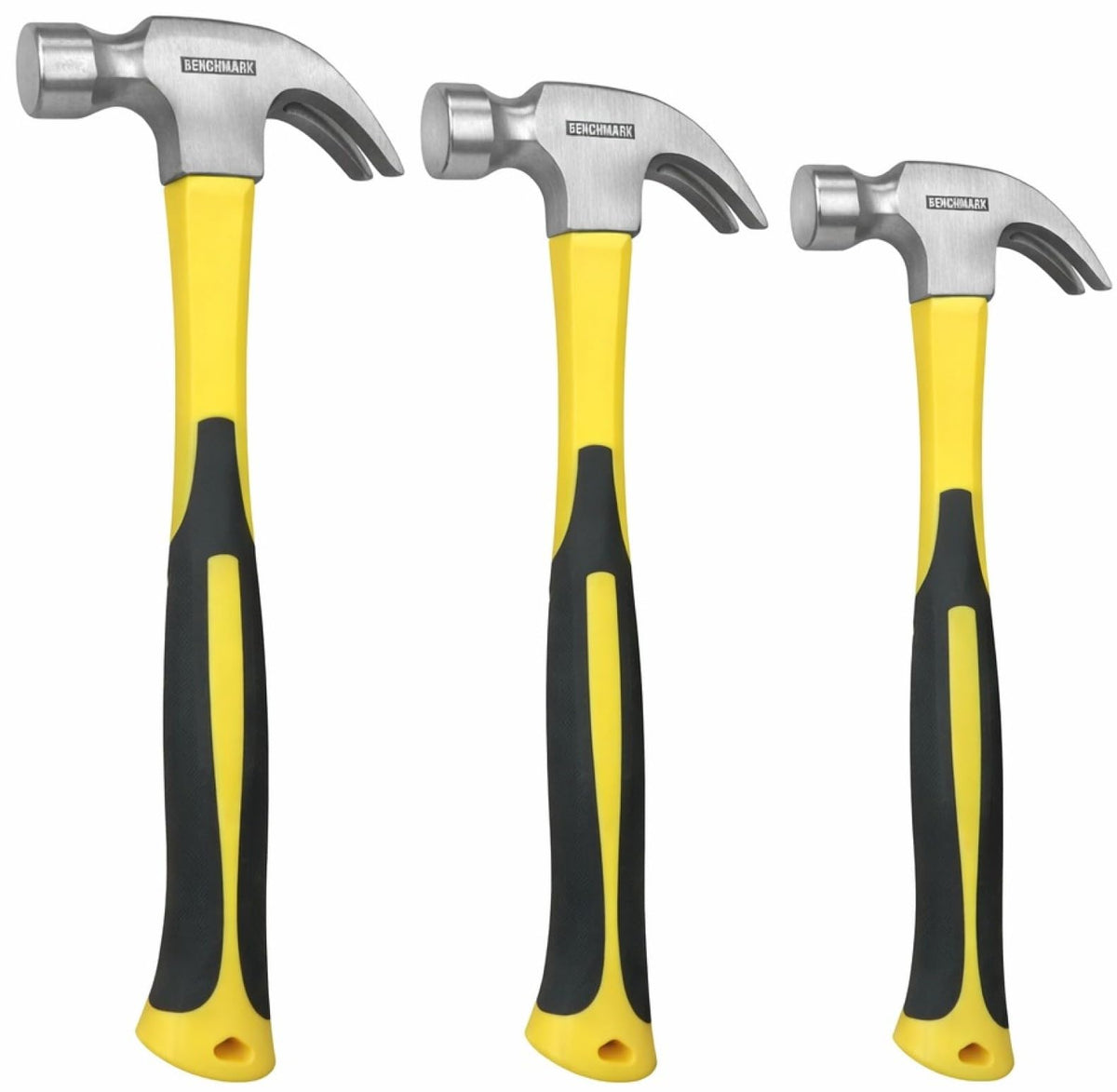 Benchmark 20 oz claw hammer with fiberglass handle for durable framing.