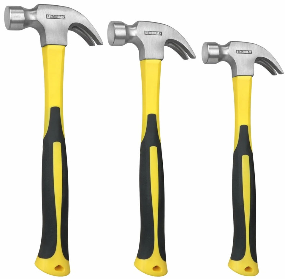 Benchmark 20 oz claw hammer with fiberglass handle for durable framing.