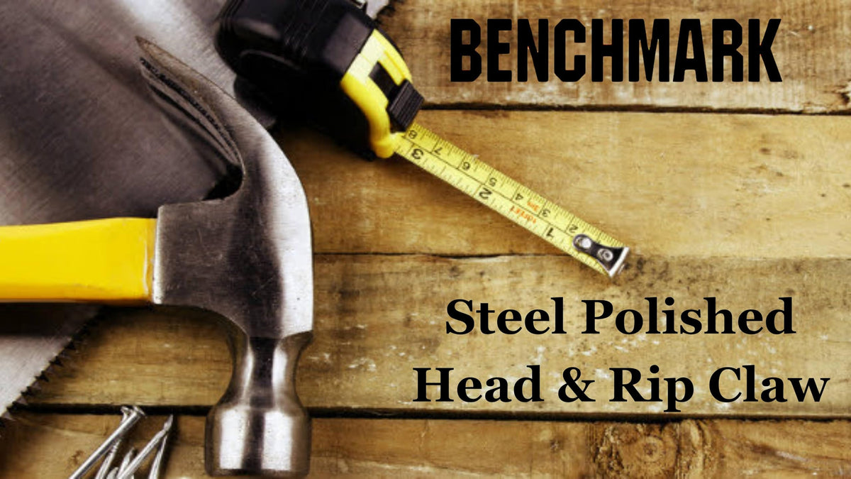 Benchmark 8 oz claw hammer with fiberglass handle for precise finishing work.