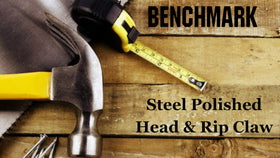 Benchmark 8 oz claw hammer with fiberglass handle for precise finishing work.