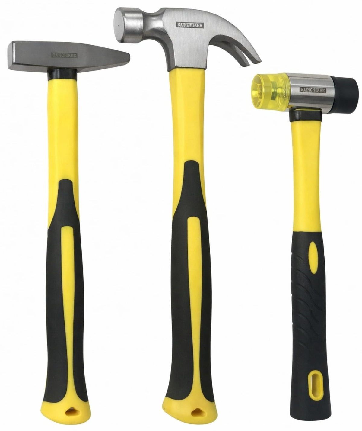 Benchmark 3-piece hammer set packaging for versatile home projects.
