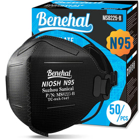 Benehal NIOSH approved N95 mask pack with 50 individually wrapped units for on-the-go hygiene.