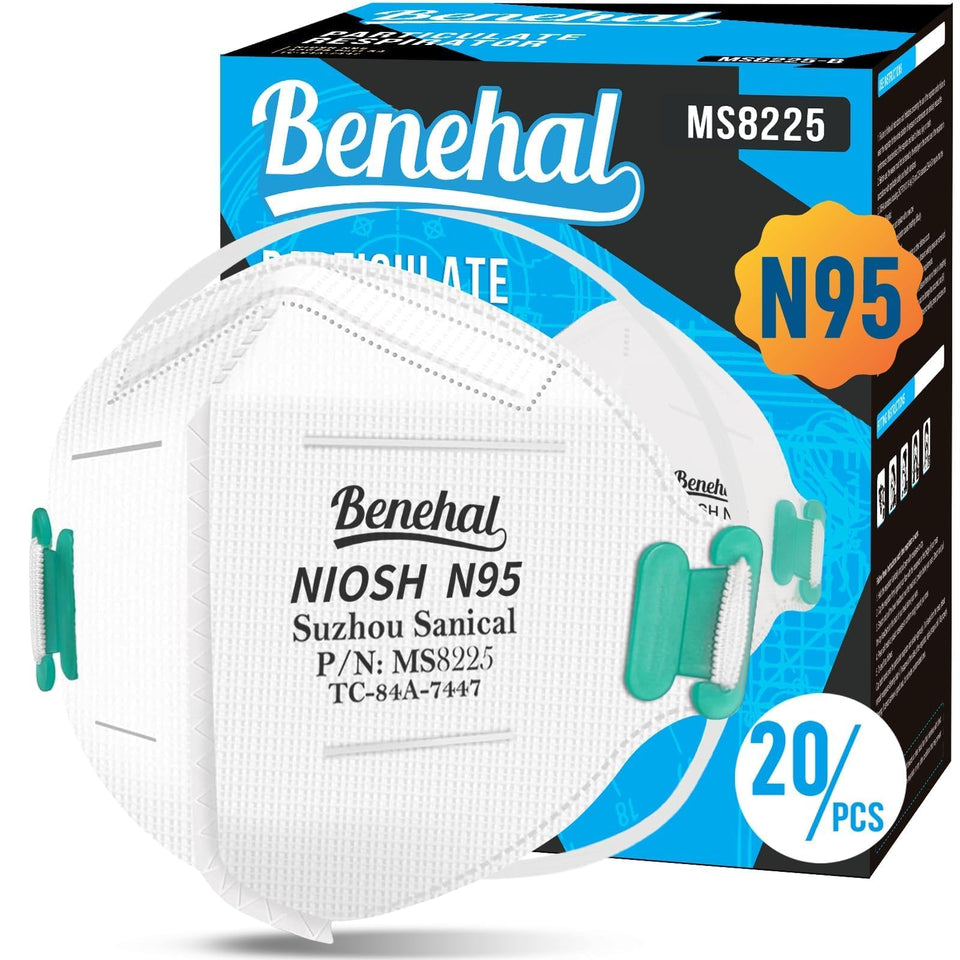benehal NIOSH N95 mask pack of 20, individually wrapped for on-the-go use.