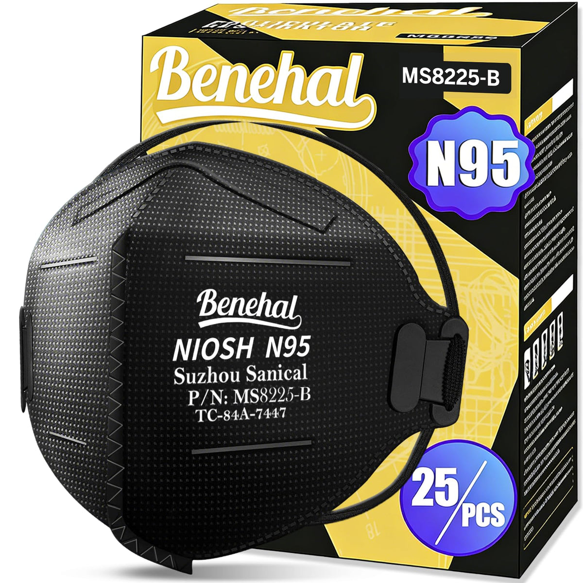 benehal NIOSH N95 mask pack of 25, individually wrapped for on-the-go use