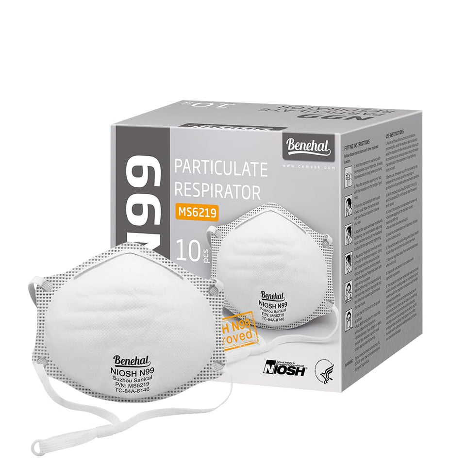 Benehal NIOSH N99 mask in package front view highlighting readiness for use