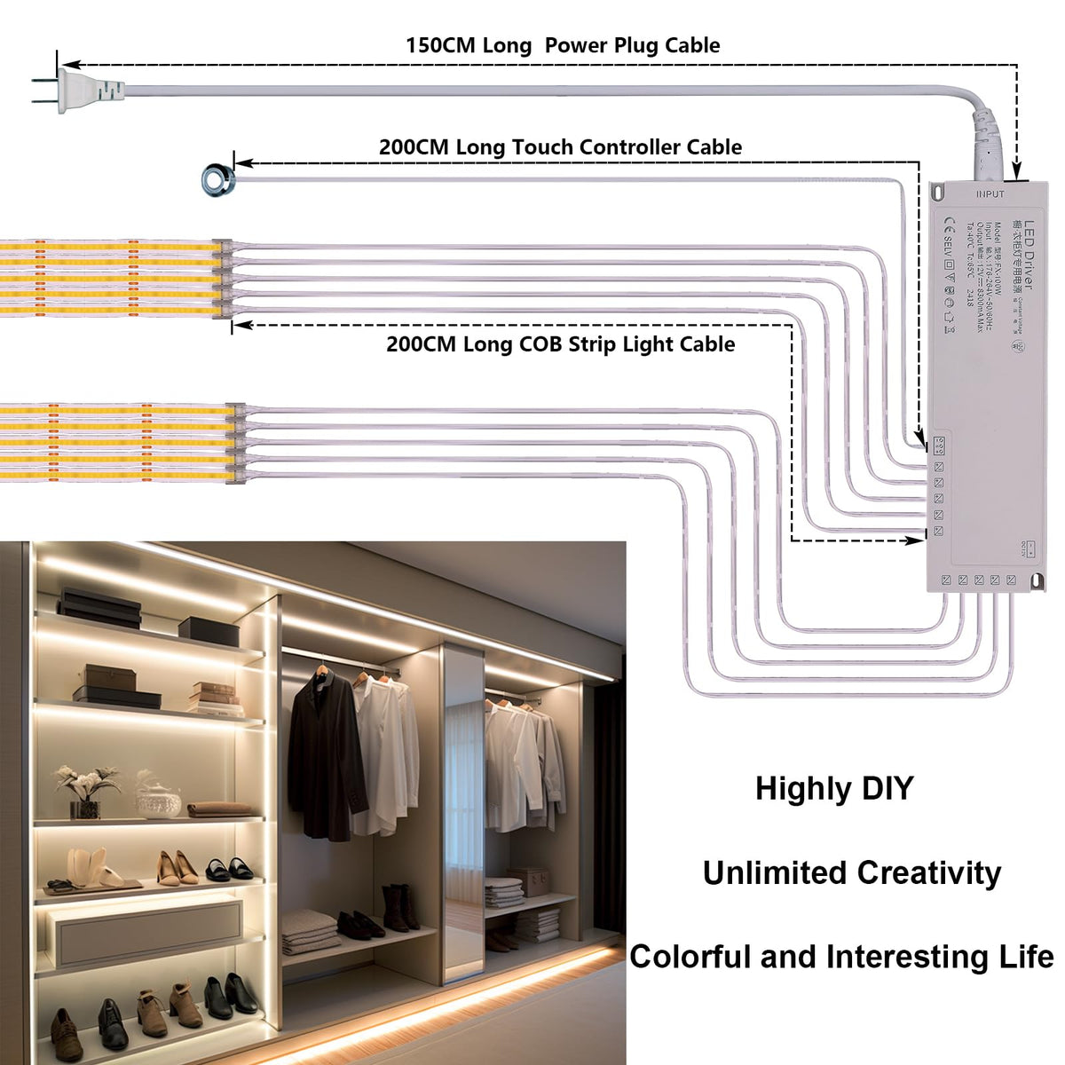BENLUN 12V 100W power supply powers multiple strips safely.