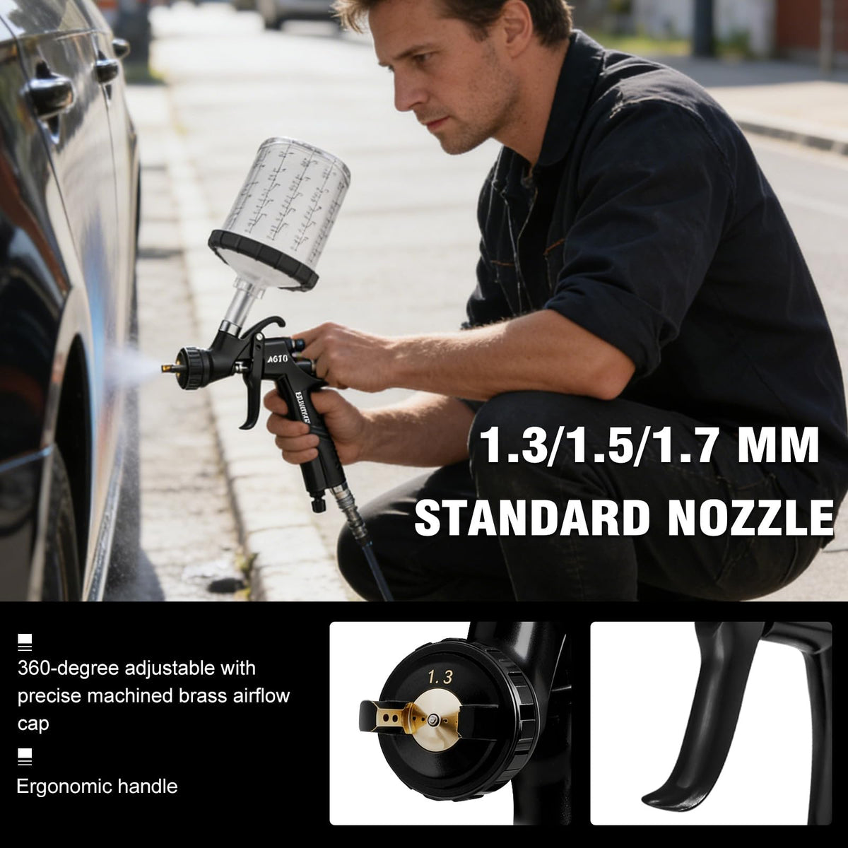 BENTOHKLE A610 nozzle options 1.3/1.5/1.7mm for automotive and furniture coatings.
