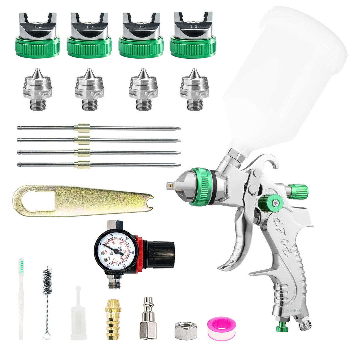 Bentohkle HVLP spray gun with green body for precise, drip-free paint application.