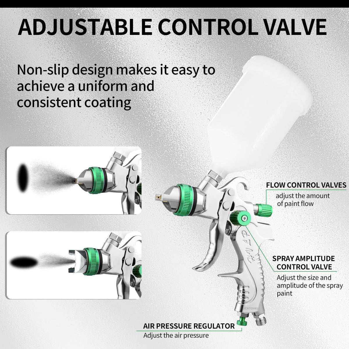 Bentohkle green nozzle 20mm suited for detailed metallic finishes.
