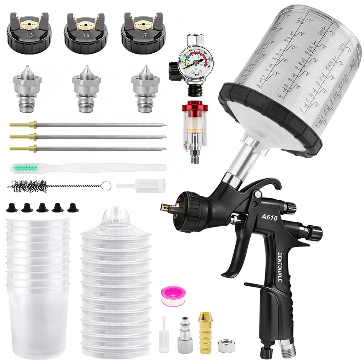 BENTOHKLE R500 LVLP spray gun with disposable cups for automotive finishes.