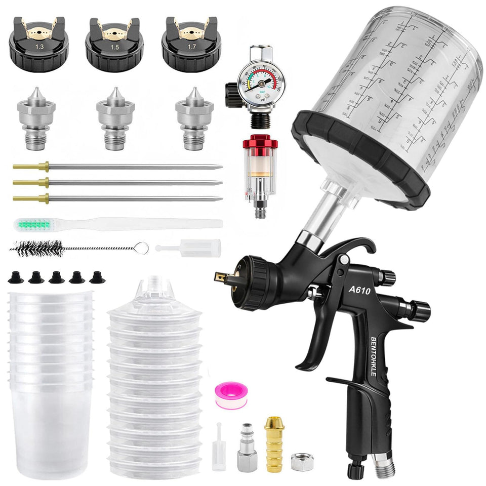 BENTOHKLE R500 LVLP spray gun with disposable cups for automotive finishes.