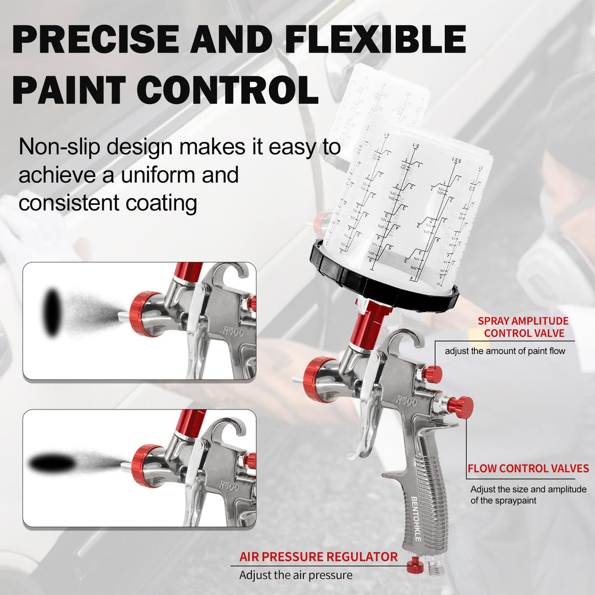 Bentohkle R500 LVLP spray gun side profile ideal for automotive and furniture projects.