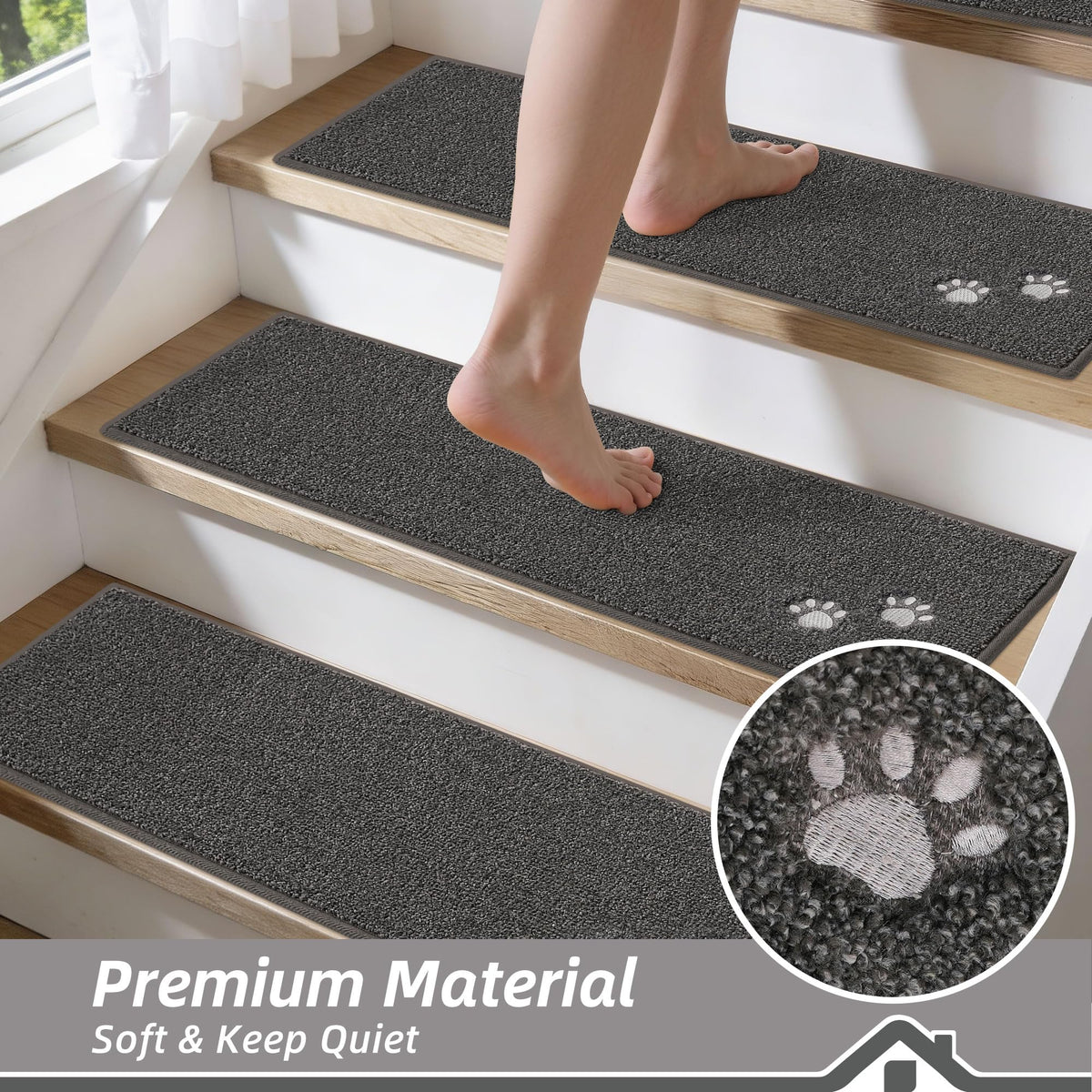 BEQHAUSE stair treads Charcoal embroidered dog footprint pattern