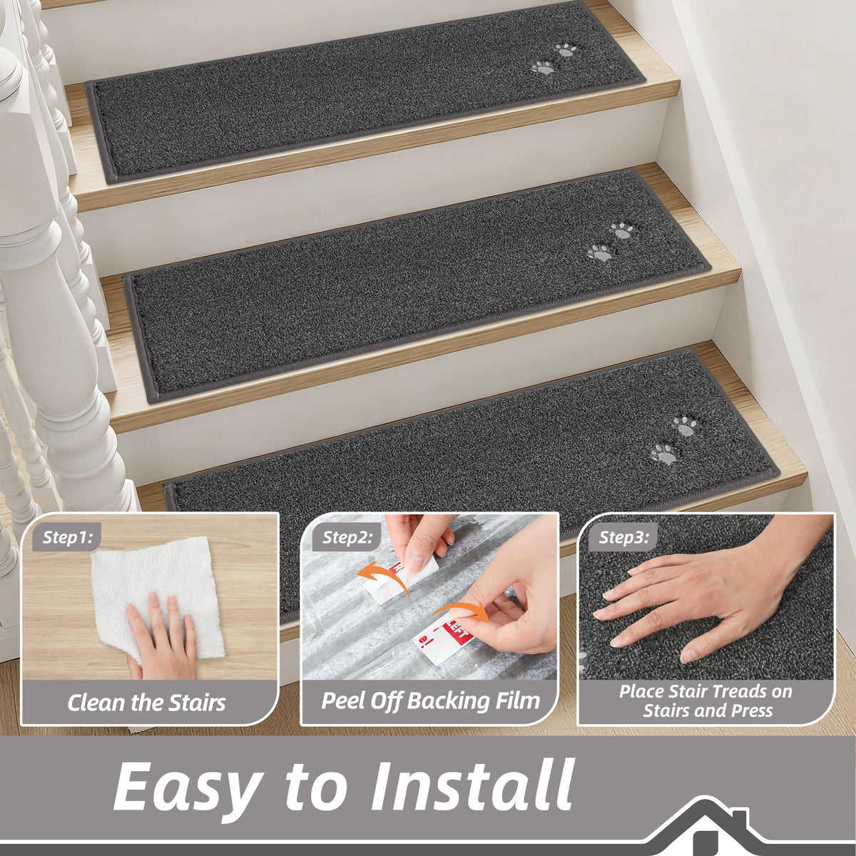 BEQHAUSE stair treads Charcoal reduces stair noise and keeps feet warm