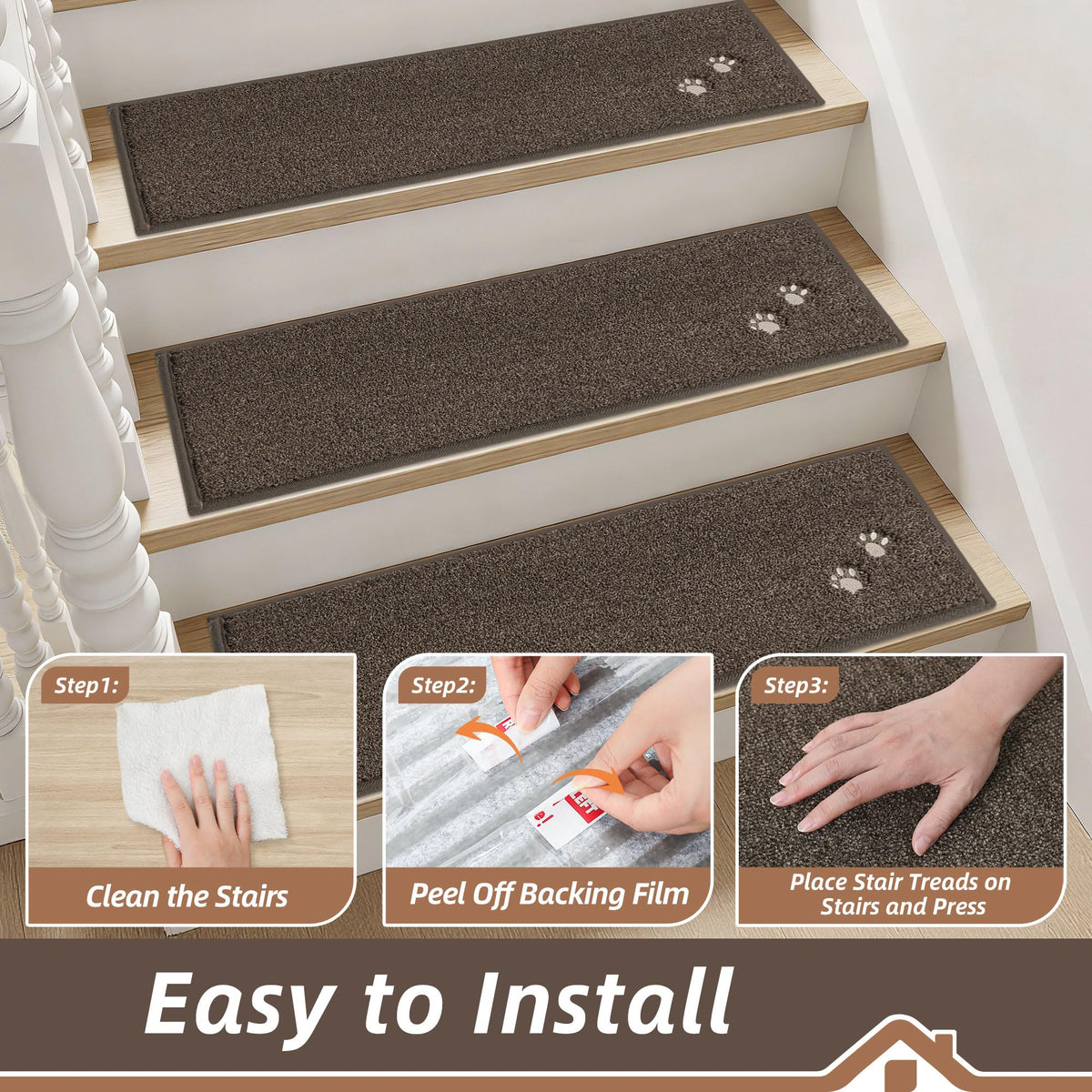 BEQHAUSE stair mats shown on stairs with family-friendly design.