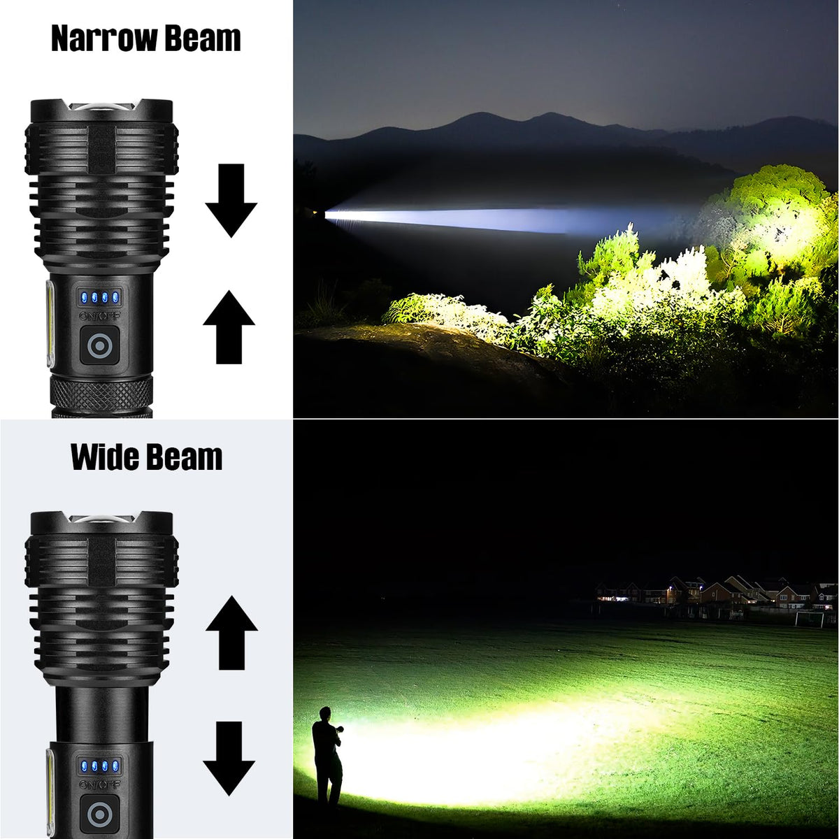 BERCOL adjustable-focus beam image demonstrates wide and narrow illumination options.