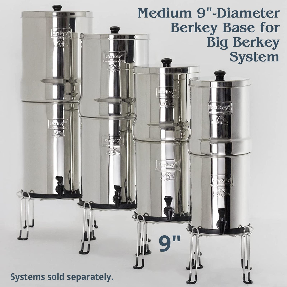 Berkey Base stand shown under countertop saving space for mugs