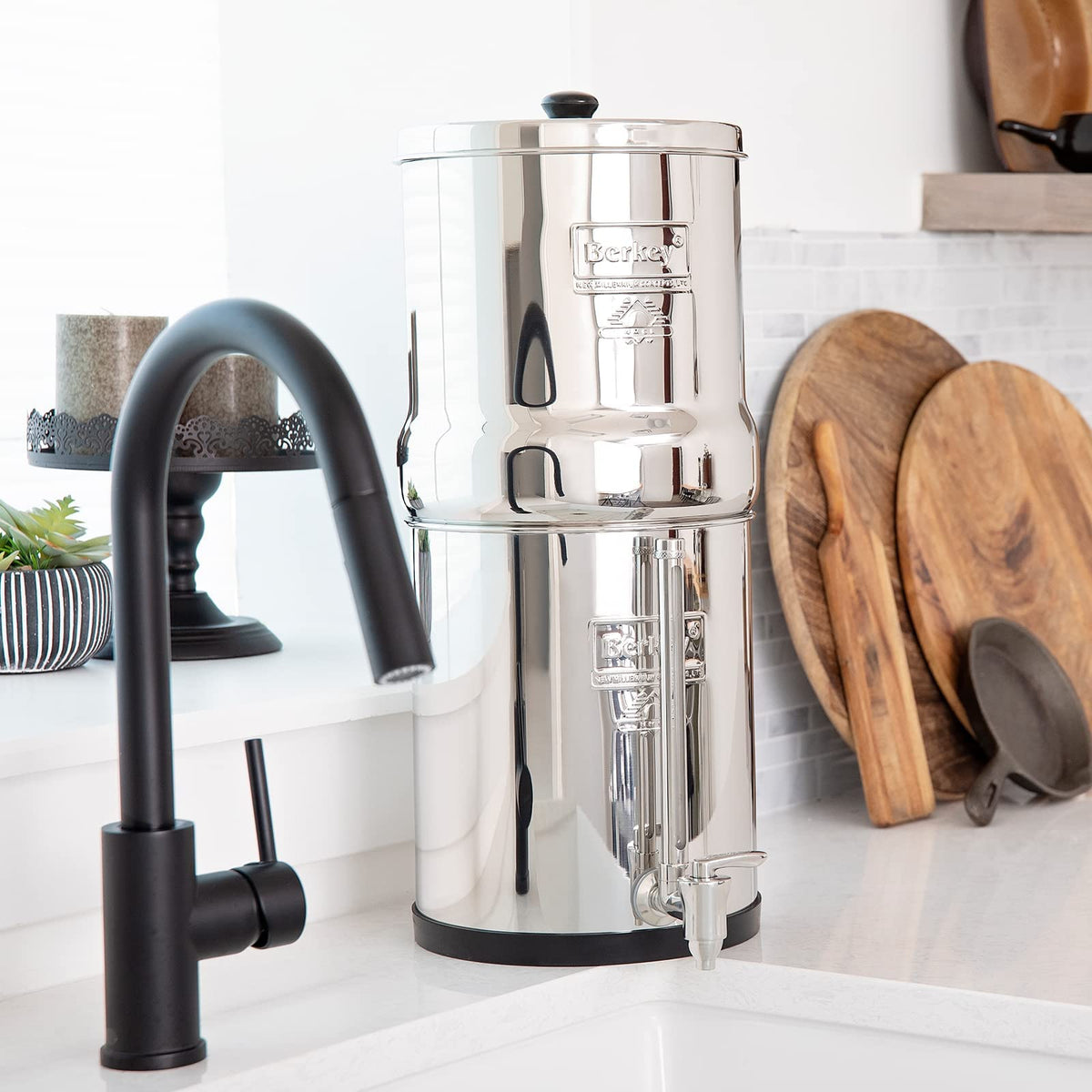 Side view of the Berkey system highlighting stainless steel body