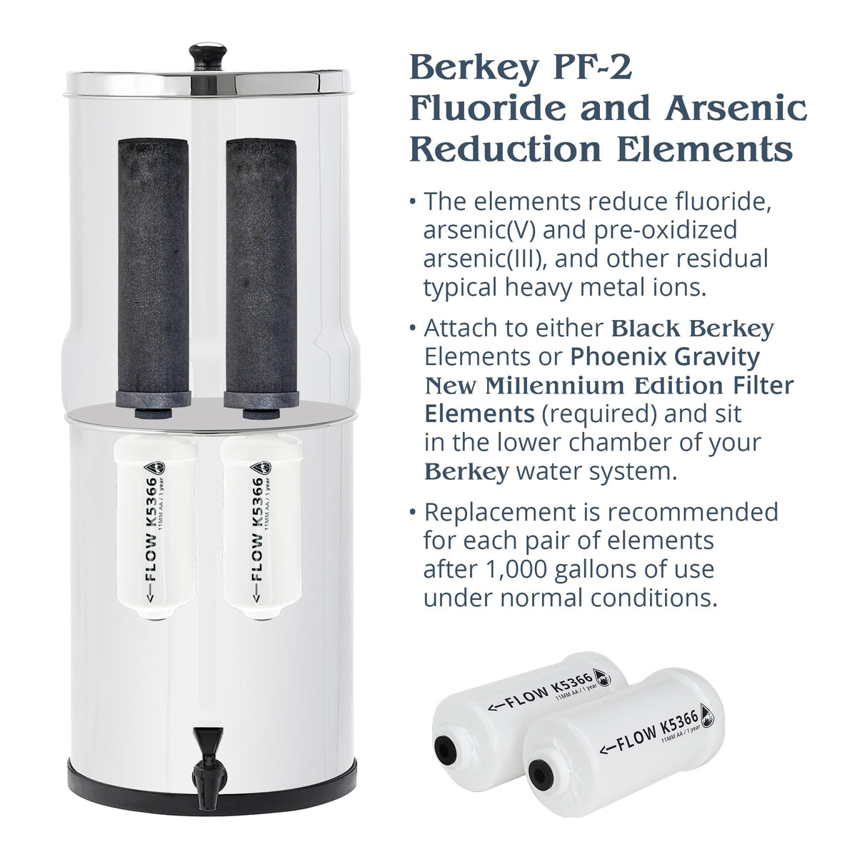 PF-2 elements in use with Black Berkey for enhanced water filtration.
