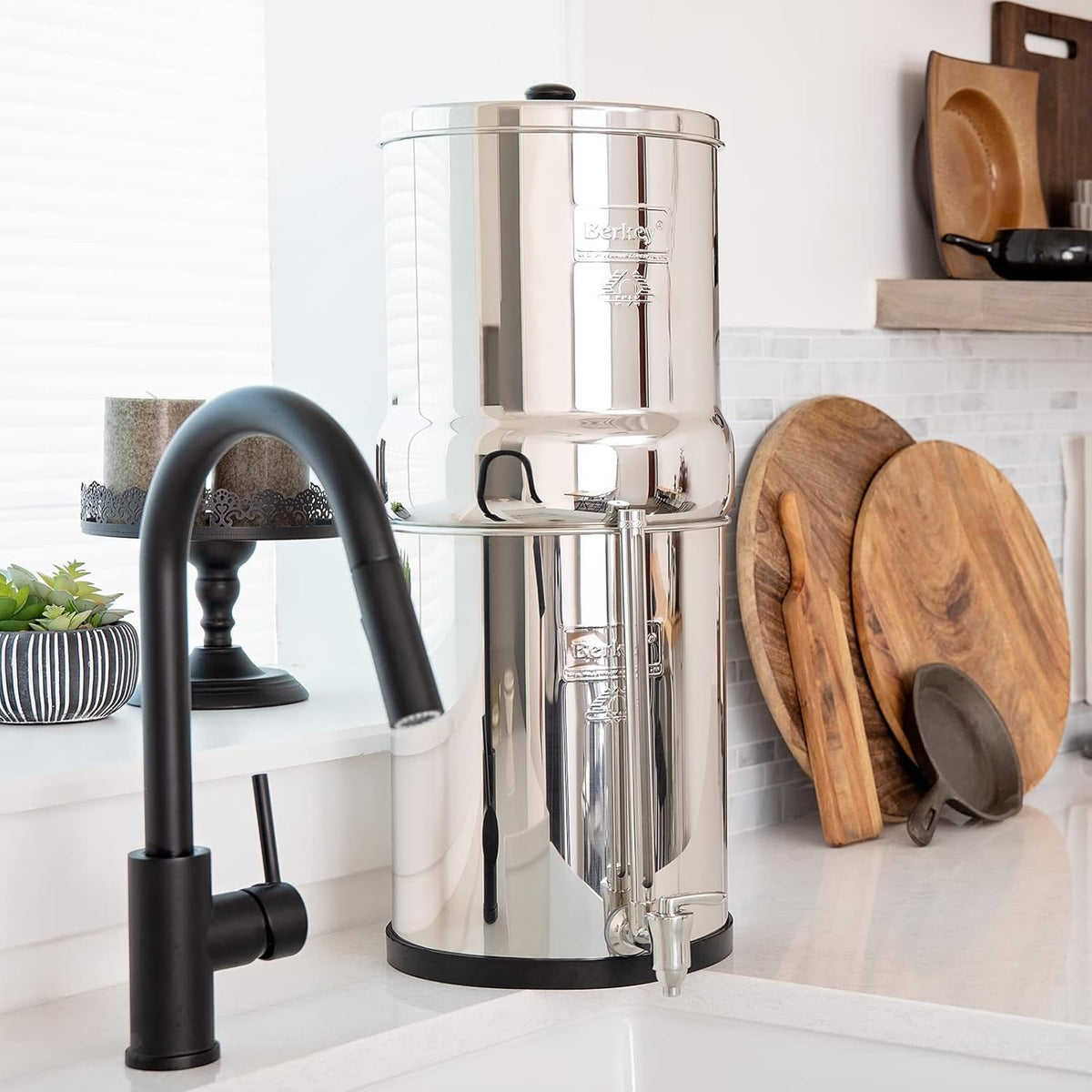 Royal Berkey system on countertop provides clean-tasting water.