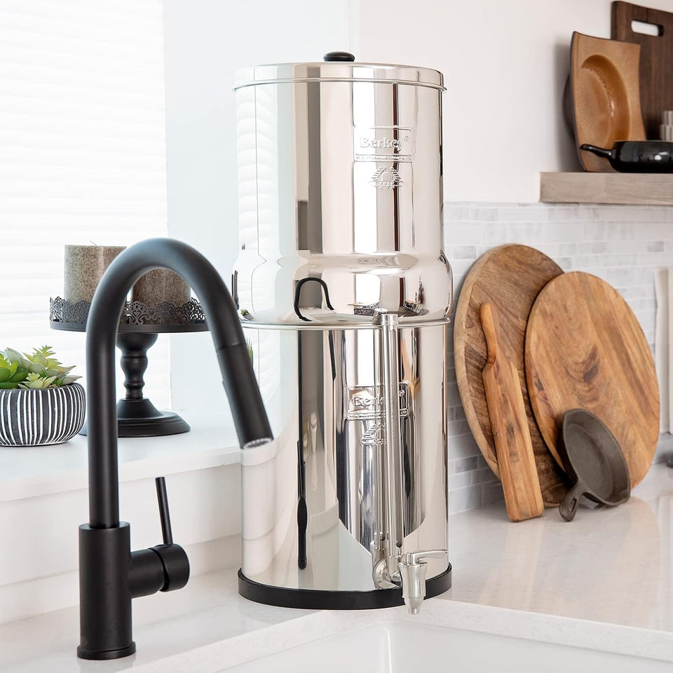 Royal Berkey system on countertop provides clean-tasting water.