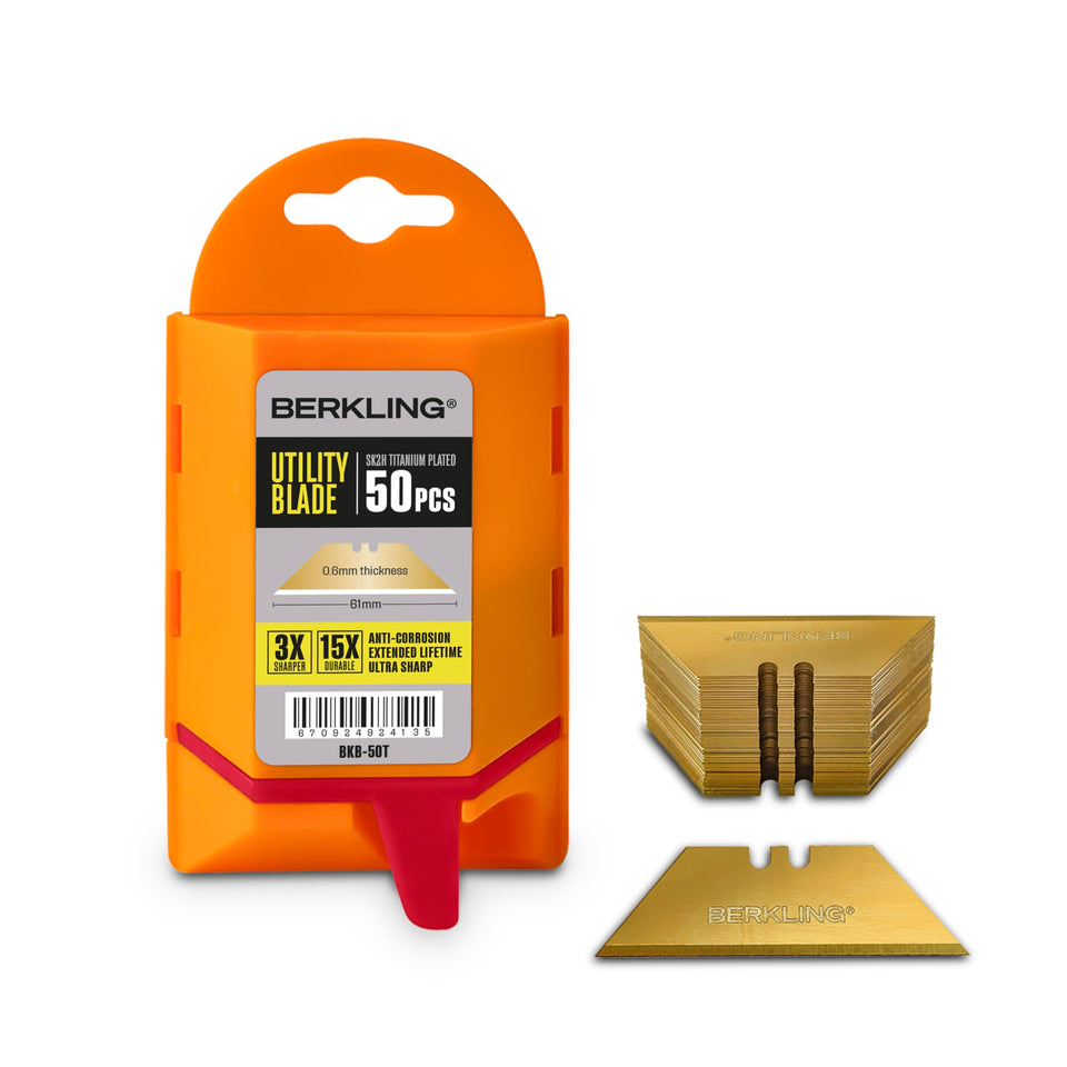 Berkling 50-pack titanium-plated blades in dispenser for quick, safe blade swaps.