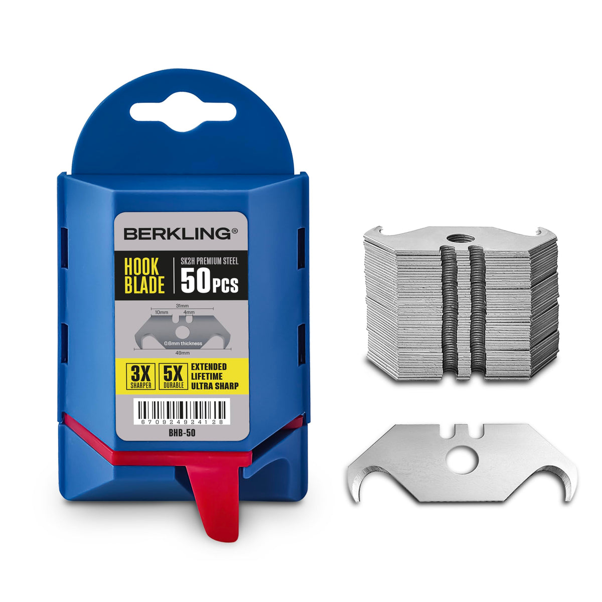 Berkling utility hook blade in dispenser for quick, safe replacements.