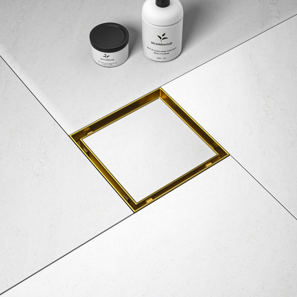 Bernkot square drain 6-inch brushed gold for a durable, stylish shower floor.