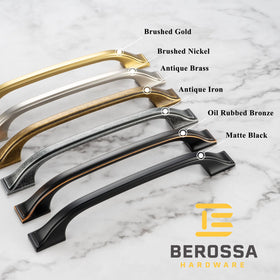BEROSSA brushed nickel hardware close-up shows premium finish for lasting kitchen updates.
