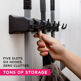Berry Ave 11-slot organization system demonstrates compact storage for brooms, mops, and hooks.