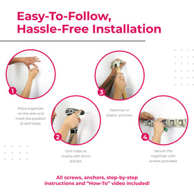 Berry Ave beige finish wall-mounted rack blends with neutral spaces while organizing cleaning gear.
