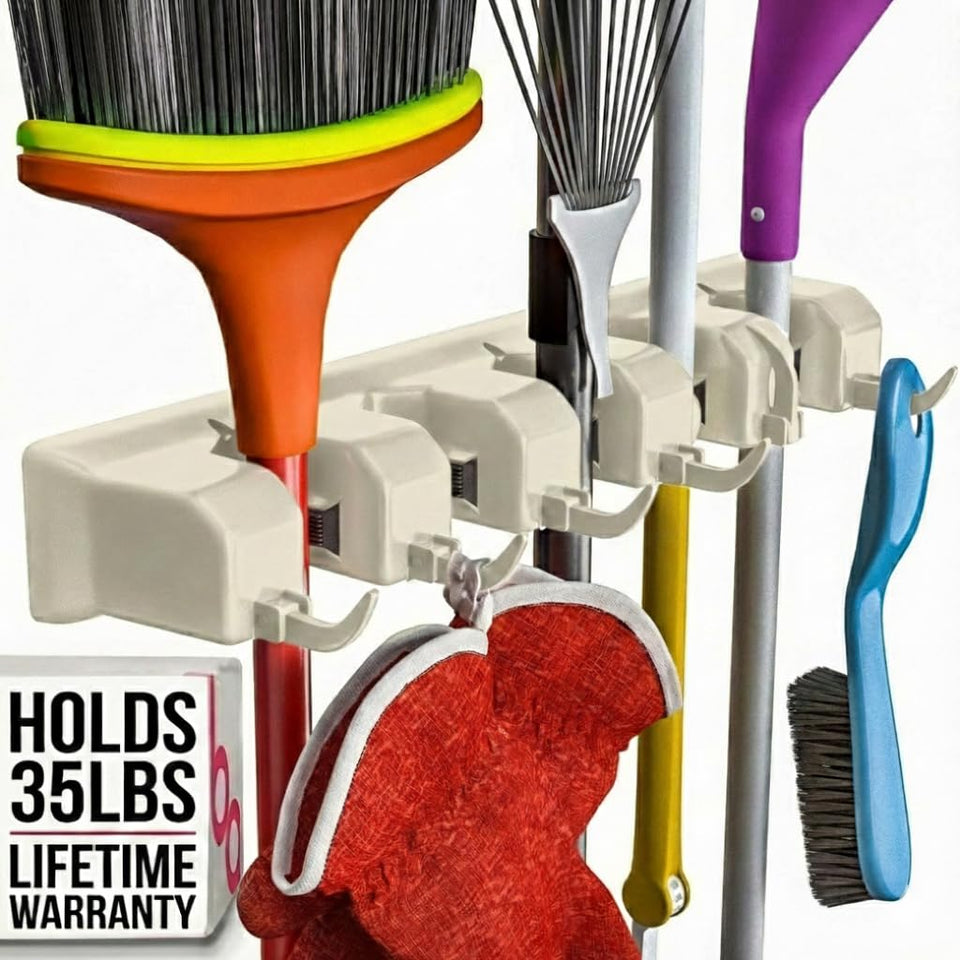 Berry Ave broom holder wall mount with five slots and six hooks for tidy storage.