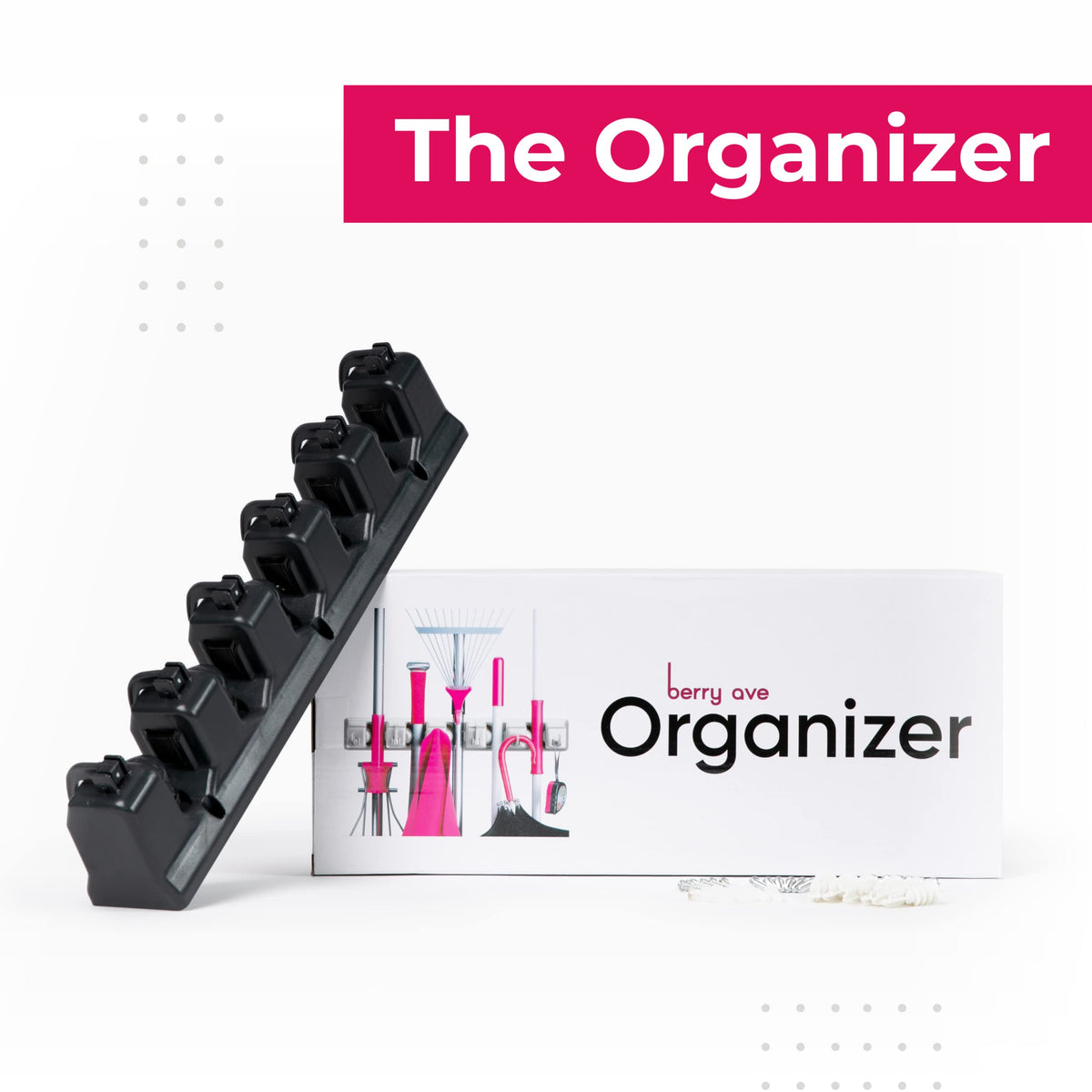 Berry Ave Wall-mount rack organizes garden and cleaning tools efficiently.