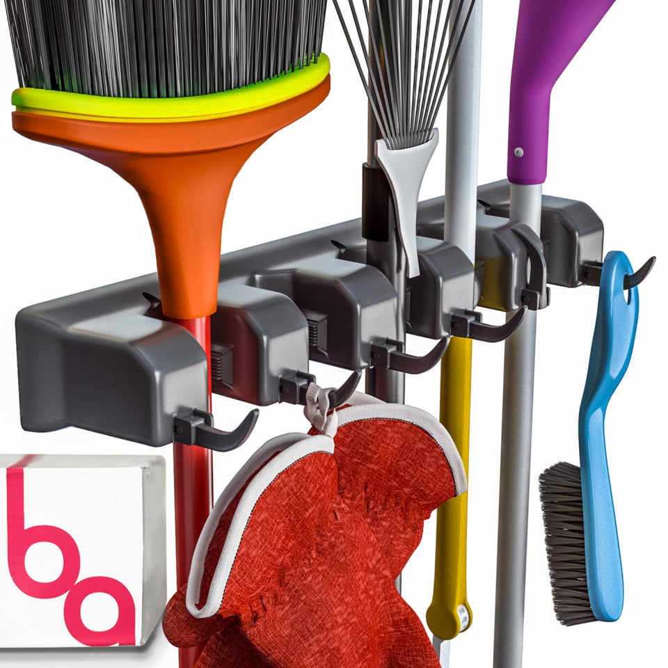 Berry Ave Extra Grip Mop & Broom Holder on wall mount keeps tools secure.