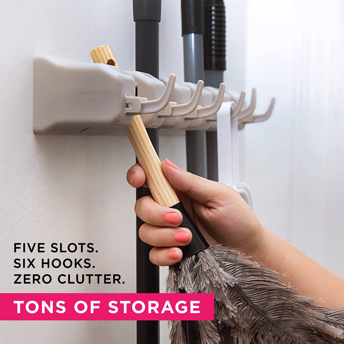 Berry Ave mop and broom organizer wall mount with heavy-duty clips secures long handles.